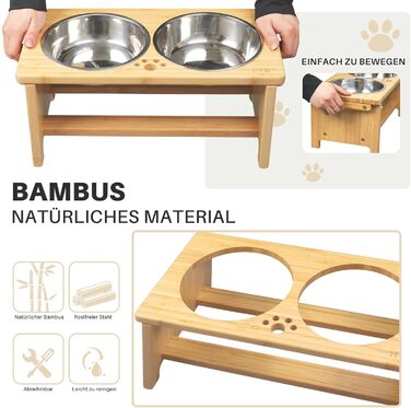 Підвищені годівниці для собак HTB, бамбук, 2 нержавіючі миски, 44x24x18 см, 18 см висота, для собак середніх та великих порід