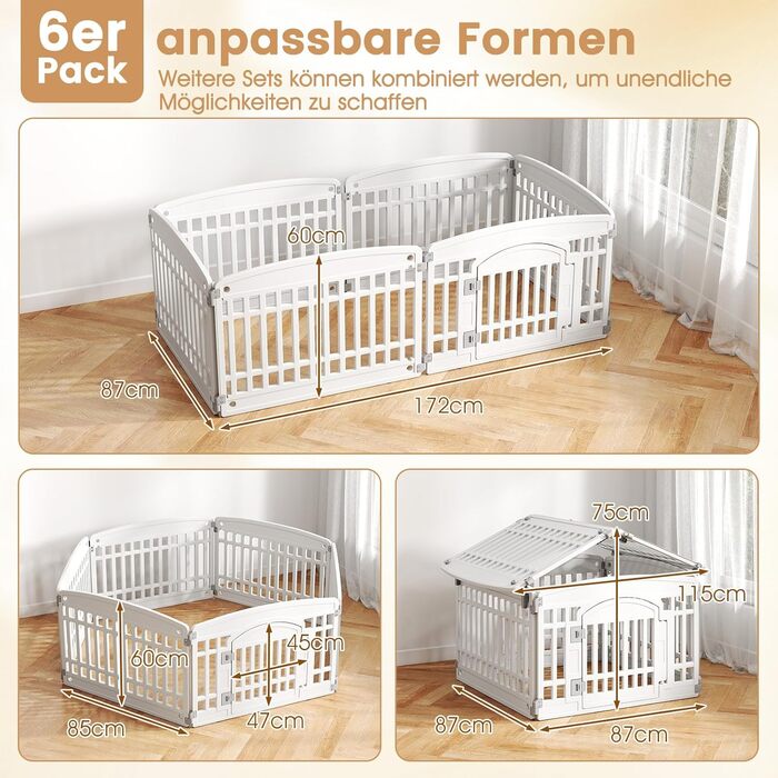 Клітка для цуценят GYMAX 60/75 см, біла, з 6 панелей, з замком та фіксаторами, для дому та вулиці