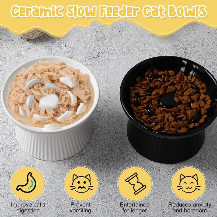 Підвищена годівниця для котів Tioncy, кераміка, 2 шт., без розливання, високий борт для сухого та вологого корму, легко мити, для котів
