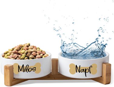 Керамічний двомісний набір мисок з іменем для собак та котів 'Кістка' - персоналізований набір мисок з/без підставки | Миска для собак, годівниця, миска для котів | Годівниця (2x500мл, стійка)