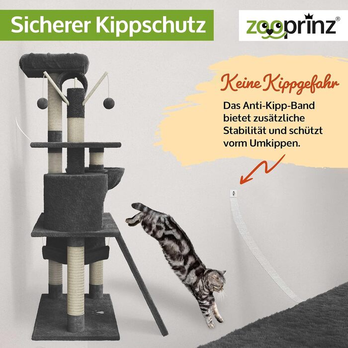 Дерево для котів XXL Zooprinz, преміум когтеточка з товстими сизалевими стовпами, ігрова зона, гамак, будиночок, іграшки, темно-сірий