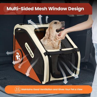 Складана переноска для собак у машину та в подорожі, Softbox для маленьких та середніх собак, швидке складання за 1 хвилину, міцний металевий каркас, дихаючі сітчасті вікна та зручний доступ, коричнева
