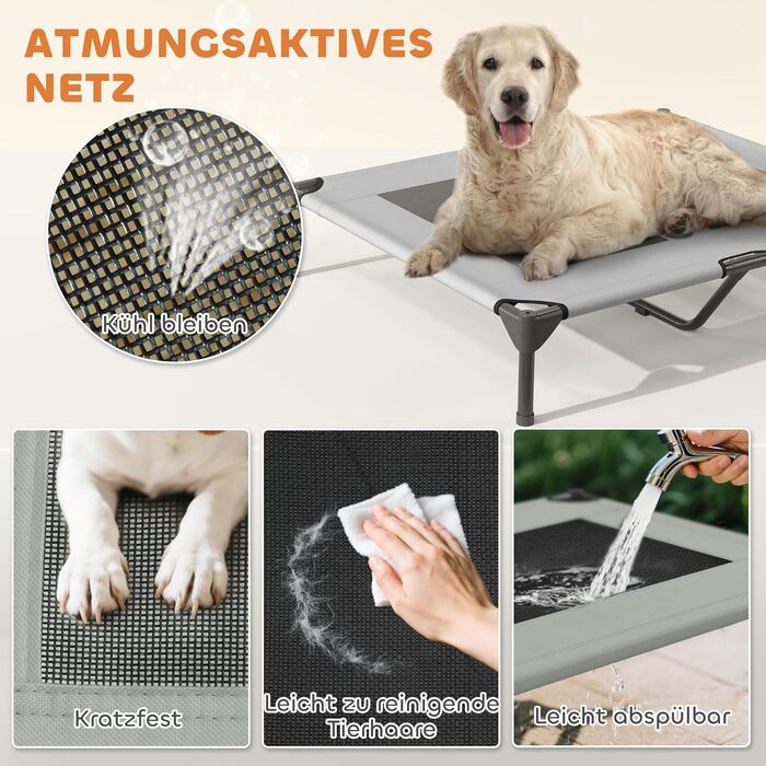 Лежанка для собак PawHut Outdoor з дахом, підняте ліжко для середніх собак, ліжко для домашніх тварин з охолоджуючим ефектом, миється сітчастий сталевий каркас, переносна сумка, ліжко для собак для вулиці, кемпінгу 76x61x71cm, (L 91 x W 76 x H 90 cm, світ