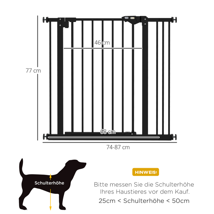 PawHut Door Gate Guard, Шлагбаум, 74-87 см, Сходові ворота для домашньої тварини, Ворота для собаки в т.ч. різні надставки, Захисні ворота без свердління, Метал, Пластик, Чорний | Аосом