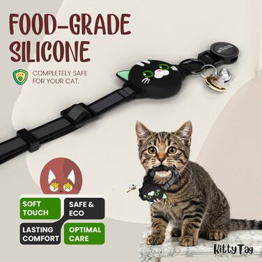 Нашийник для кота KittyTag з аксесуарами, сумісний з Apple Airtag, світловідбиваючий та світовий, GPS, захист від задушення, регульований (Чорний)