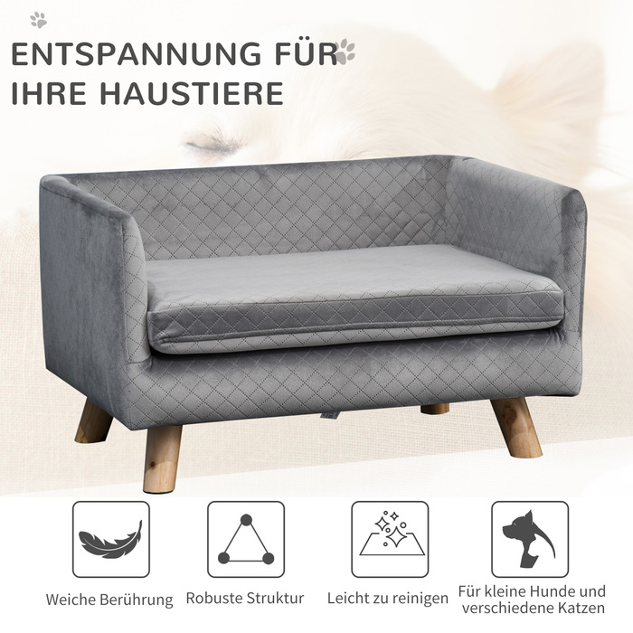 PawHut Dog Sofa Velvet Touch Pet Sofa для маленьких собак до 8 кг з дерев'яними ніжками сірий 64x45x36см для стильних меблів для домашніх тварин