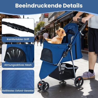 Візок для собак та котів COSTWAY, складна конструкція, до 15 кг, 3 колеса, з м'яким сидінням, регульованим козирком, ручкою, сітковими віконцями та кошиком, блакитний