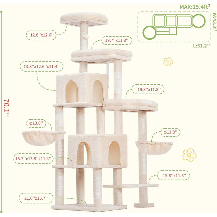 Котячий будиночок Hey-brother Kratzbaum з подовженою частиною, широкими платформами, затишними печерами, гамаками, сизалевими стовпчиками та м'ячиком для котів, 178 см, MPJ038W (Бежевий)