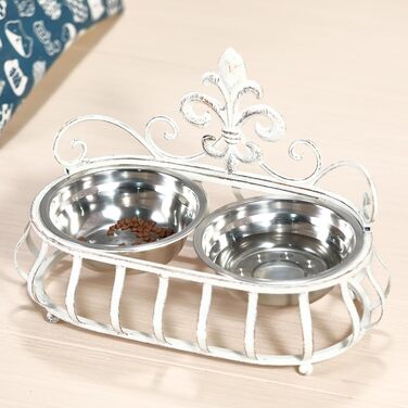 Підвищені годівниці для собак та котів, подвійні миски з нержавіючої сталі, годівниця для домашніх тварин з металевим стійкою Fleur de Lis (антична білизна), біла еліпс