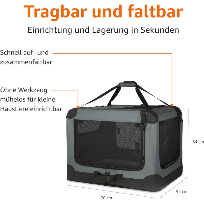 Складаний м'який переносний вольєр для котів і собак Amazon Basics, 4 двері, сірий, 76×54×54 см