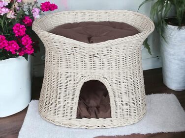 Корзина для котів, лежанка для котів, будиночок для котів L, 60 см, овальна, з плетеної лози, двоярусна, коричнева, знімні подушки