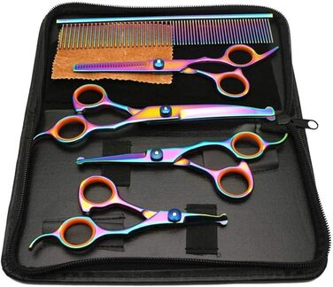 Набір професійних ножиць для грумінгу тварин CLQ (5 шт.) з нержавіючої сталі 4CR, безпечні, з титановим покриттям, для собак та котів