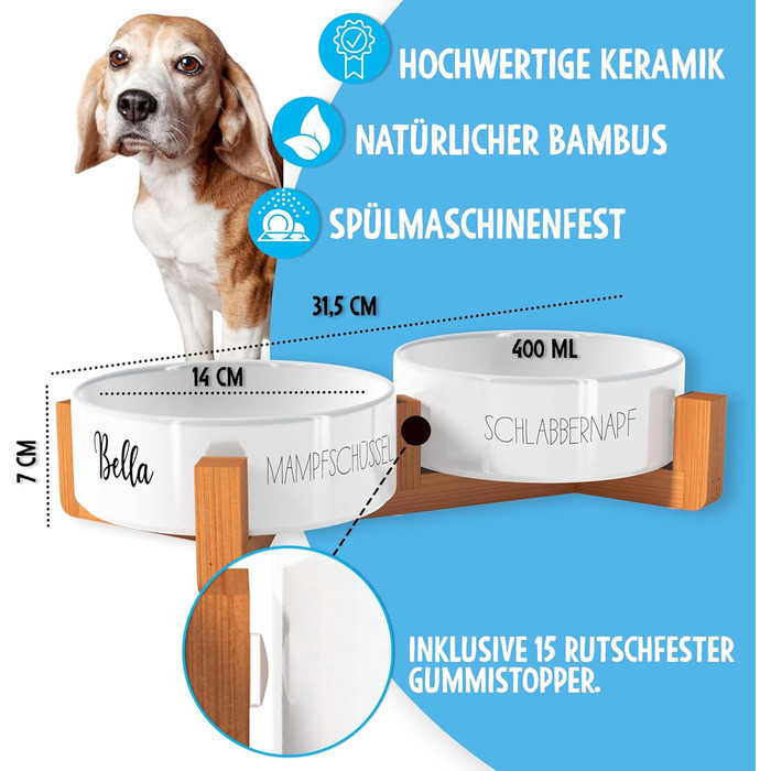 Миска для собак OWLBOOK з гравіюванням імені, керамічна миска для корму та води з бамбуковим підставкою, 300 мл