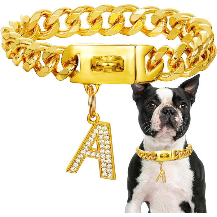 Срібний собачий нашийник 15 мм з кулоном, ланцюжок для прогулянок з нержавіючої сталі з кубинськими зв'язками, міцний, не кусається, для собак малих та середніх порід (55 см, золото-19 мм)