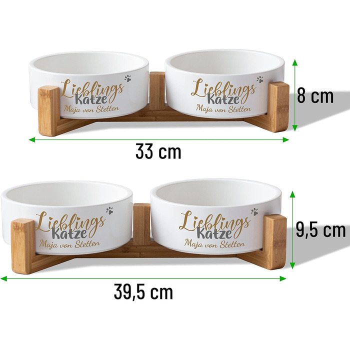 Котловий набір керамічний з іменем 'Улюблена Кішка' | Набір мисок з/без підставки | Подвійний набір для їжі та води | Миска для великих та маленьких котів, станція для годування (2x 500 мл, з підставкою)