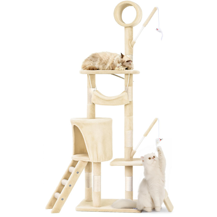 Кігтеточка для котів Vounot® - багатоярусна кігтеточка з платформами, печерею та іграшками, 112 см, бежева