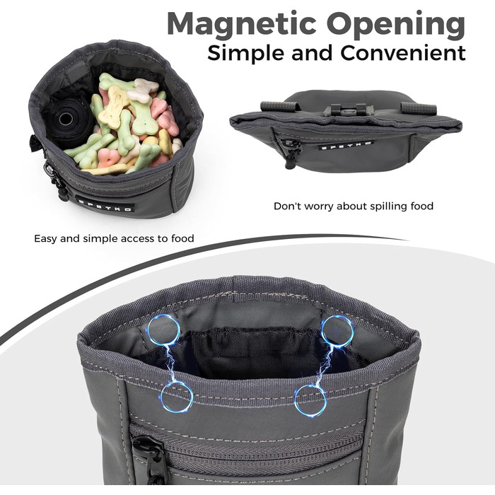 Сумка для ласощів для собак з металевим кліпом для ременя, міцна застібка-магніт, велика місткість, диспенсер для пакетів для екскрементів (темно-сірий)