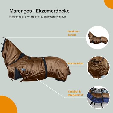 Marengos - екземна попона з шийною частиною та підчеревником, антимоскітна кінська попона з дрібної сітки, захист від комах, подвійна застібка спереду, складка для руху, для коня, коричнева, 145 см