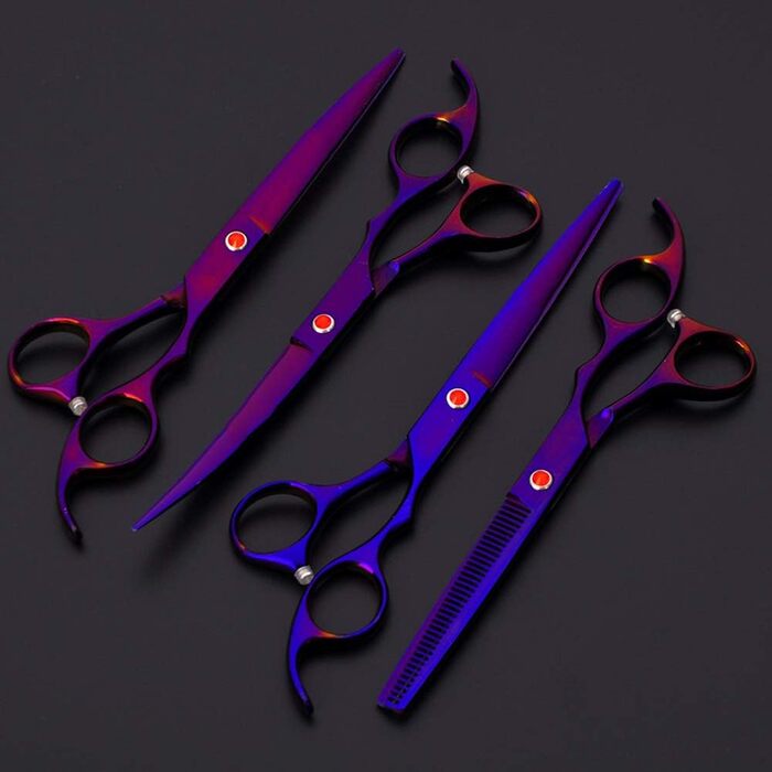 Набір ножиць для догляду за собаками, 7 дюймів, професійний триммер для тварин, леза з нержавіючої сталі, вигнуті ножиці, ножиці для розрідження, гребінець для грумінгу собак та котів, 5 шт. (фіолетовий)
