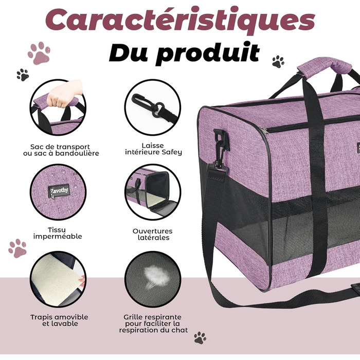 Транспортна сумка для котів та собак Zavothy, дихаюча, складна, з регульованим плечовим ременем, знімний плюшевий килимок (фіолетовий, L)