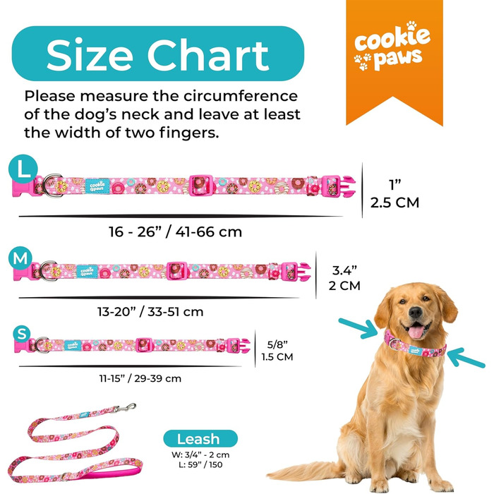 Нашийник і повідок для великих собак Cookie Paws, м'який неопрен, зручний, регульований, швидка застібка, міцний, дихаючий, легко чиститься, рожевий з пончиками, стильний