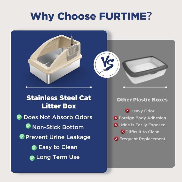 FURTIME туалет для котів із нержавіючої сталі з кришкою, XL, велика металева котяча туалетна з високими бортами, антипригарне покриття, легке очищення, захист від протікання сечі