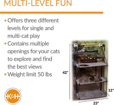 Підвіконна лежанка для котів K&H EZ Mount, 3 рівні, сіра, 30,5×58,6 см