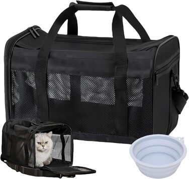 Транспортна переноска для котів та собак, 42x27x28 см, чорна: складана, з мискою для їжі