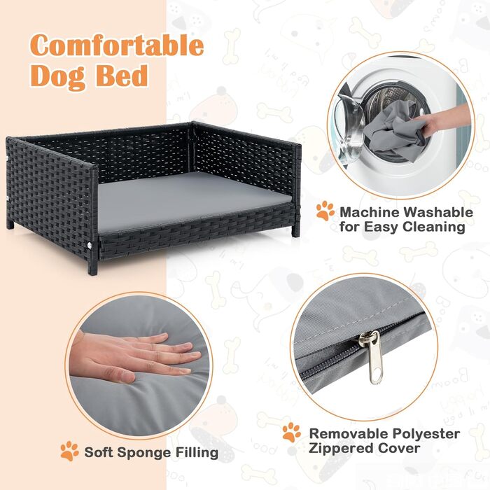 Собаче ліжко SOARS з ротангу, кошик для собак з подушкою, знімний та пральний чохол, підняте собаче ліжко для маленьких та середніх собак, диван для собак для дому та на вулицю, 62 x 46 x 25 см