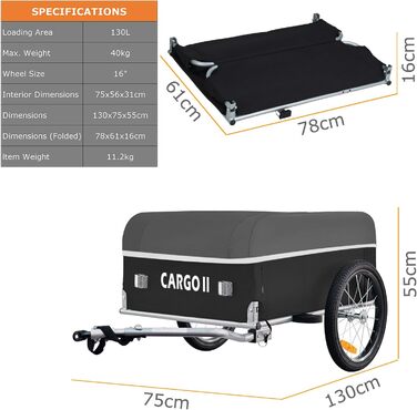 Tiggo Cargo II: вантажний велопричіп з об'ємом 130 літрів, складний, для перевезення вантажів, зелений (сірий)