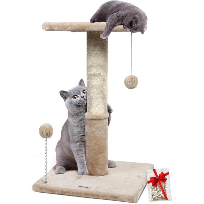 Дряпка для котів Happi N Pets, 66 см, з платформою, сизалевий котячий комплекс для дому, з підвісними м’ячиками та зручною лежанкою, бежевий