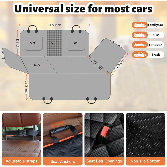 Захисний чохол на автосидіння для собак, стійкий, нековзкий, сірий. Захист заднього сидіння від бруду та подряпин, легко миється.