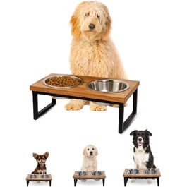 Підвищений дерев'яний стійка для собак AASPIRE PETS з 2 нержавіючими мисками – для води та корму, об'єм 0,9 л, годівниця для собак середніх та великих порід