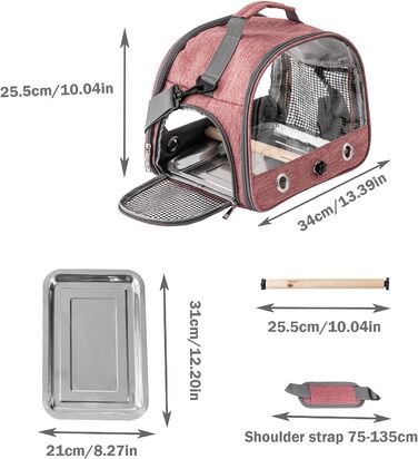 Транспортна сумка для папуг: рюкзак-переноска з підставкою та підносом з нержавіючої сталі, для малих птахів (рожевий)