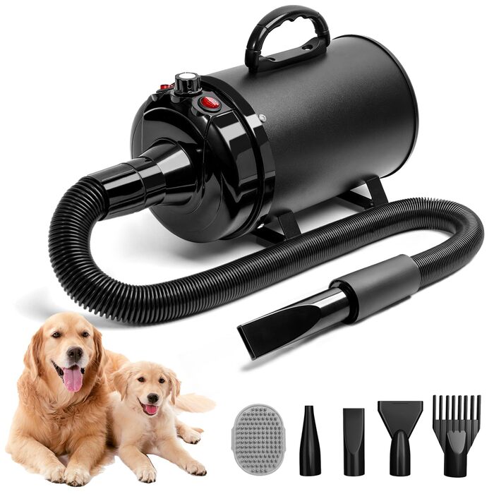 Потужний фен-blower для собак та котів 3800W 5.2 к.с., професійний сушар для шерсті з регулюванням швидкості та 4-ма насадками, чорний