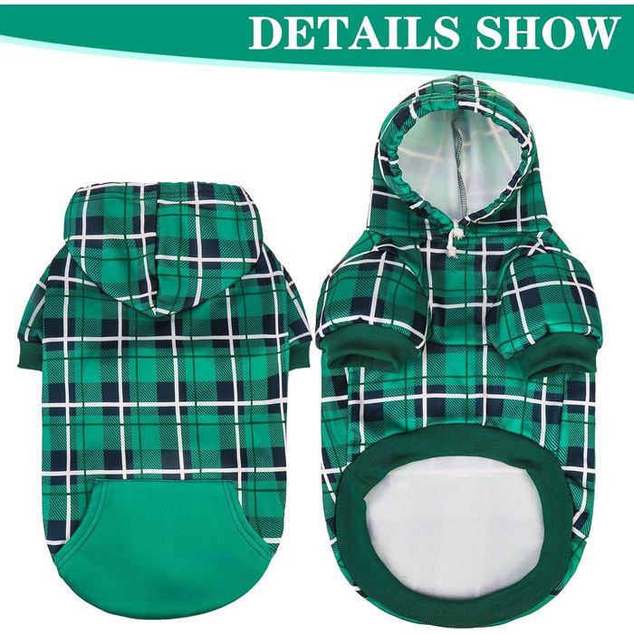Теплий собачий светр з капюшоном у клітинку, британський стиль, отвір для повідка, одяг для собак Pitbull, зимовий одяг для всіх порід, цуценят, дівчаток та хлопчиків, котів, зелений, розмір Small