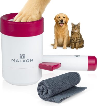 MALXON® Очищувач лап для котів та дрібних собак | Розутачі лап з обертовими силіконовими щетинками | М'який та швидкий, ідеальний для маленьких лапок | Включає мікрофіброве полотно | Рожево-білий (Фіолетово-білий)