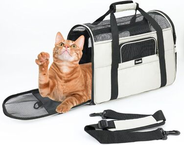 Транспортна сумка для котів та собак, дихаюча та складна, з регульованим плечовим ременем, знімний плюшевий матрац (Бежева, M)