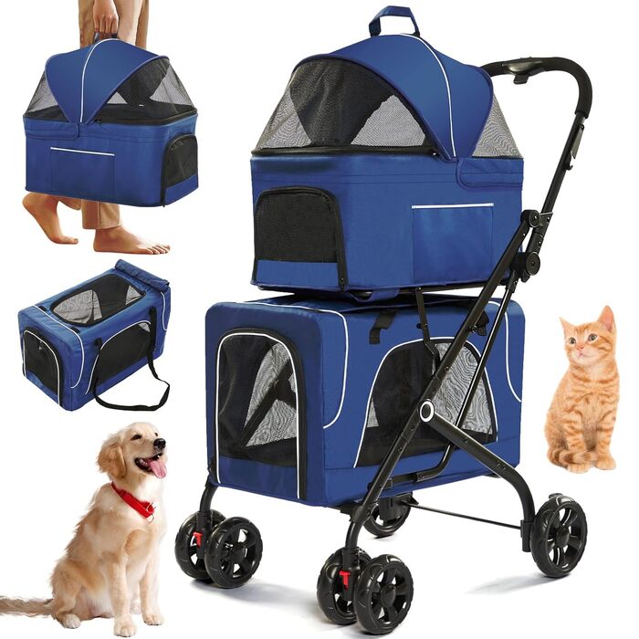 Дитяча коляска для собак 4-в-1, блакитна: для малих/середніх собак, з сумкою-переноскою, для 2 собак/кішок
