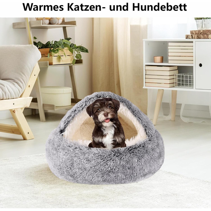 М'яка котяча лежанка-печера з капюшоном, затишна лежанка для котів та кошенят, плюшева, миюча, 60 см