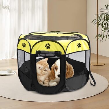 Клітка-забіг для цуценят та тварин, 74x74x43 см. Клітка-вольєр для собак, котів, кроликів та дрібних тварин для використання в приміщенні та на вулиці (жовта, восьмикутна)
