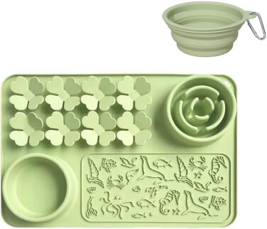 Силіконовий килимок проти протікання та миска для повільного годування собак та котів - килимок-нюхалка з присосками для собак та котів - повільне годування, тренування нюху, складаний портативний миска для корму (Зелений)