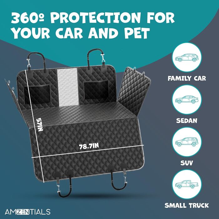 Захисний чохол на сидіння автомобіля для собак, 137,2 x 147,3 см, водовідштовхувальний, з ременями безпеки та гачками, подовжувач заднього сидіння для собак, ковдра для собак в авто, чохол на заднє сидіння