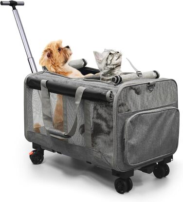 Переноска для котів велика, на колесах, 2-в-1 з відділеннями, з іграшкою та ремінком (сіра)