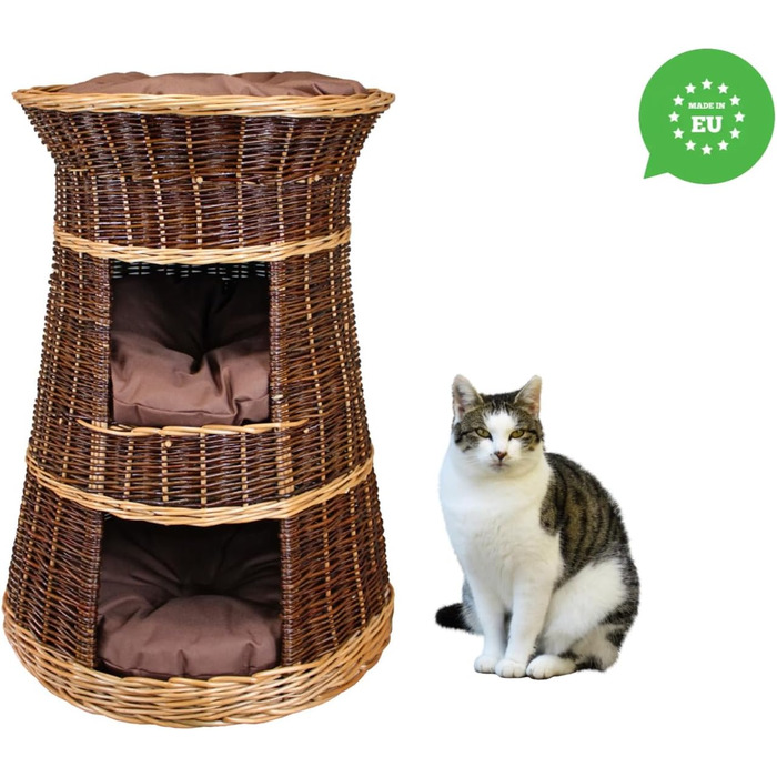 Корзина для котів для сну – котяча хатинка для дому – розмір 43 x 49 x 70 см, кругла – котяча печера з лози, трирівневе ліжко для собак або котів з пральними подушками в бежевому кольорі – лакована корзина (коричневі подушки)
