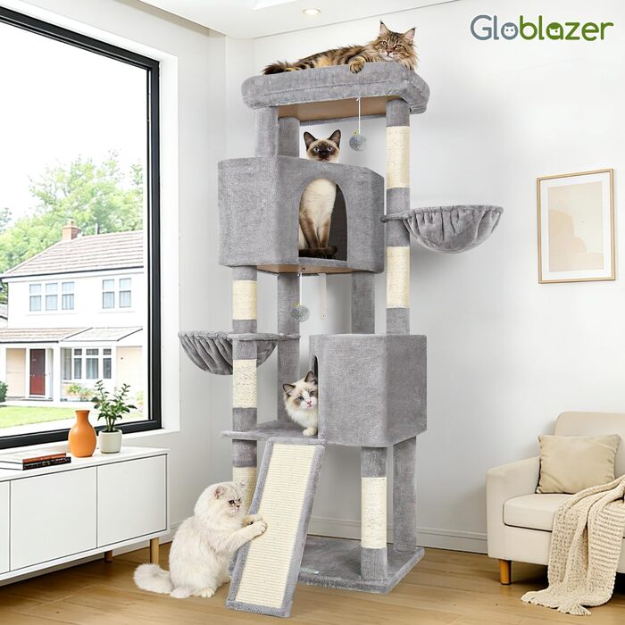 Комплекс для котів Globlazer XL (177 см) Сірий: Дерев'яна когтеточка з будиночком, платформами, кошиками для великих котів