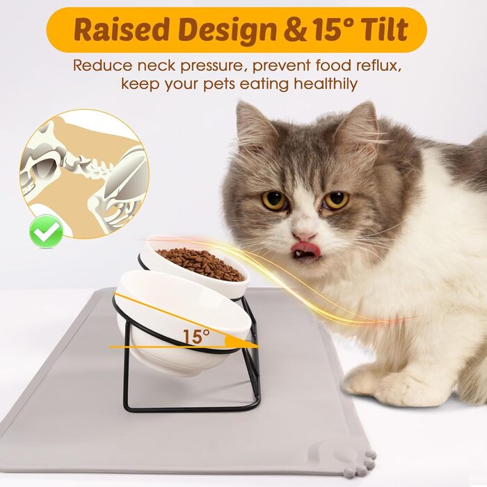 Набір мисок для котів Vikcvcs 2 шт. з кераміки, з металевим кріпленням та силіконовим підставкою, 15° нахил, ергономічна годівниця для котів та маленьких собак