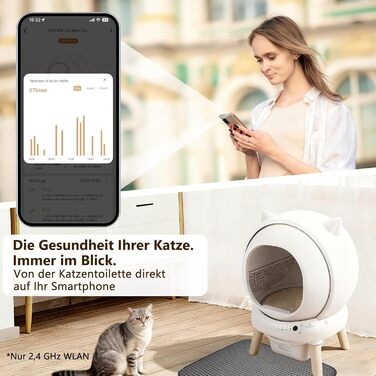 Автоматичний лоток для котів Katzenklo Selbstreinigend 73L з додатком, датчиками безпеки, захистом від запаху та моніторингом здоров'я. Підходить для кількох котів. Коврик для котячого туалету в комплекті. Колір: сірий.
