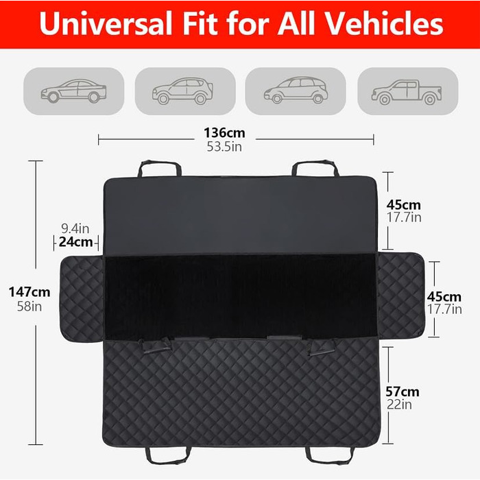 Універсальний килимок для собак у машину 4-в-1 - захист заднього сидіння, водовідштовхувальний та стійкий до подряпин - килимок для собак в авто, підходить для легкових, вантажних та позашляхових автомобілів, 137×147 см (Чорний)