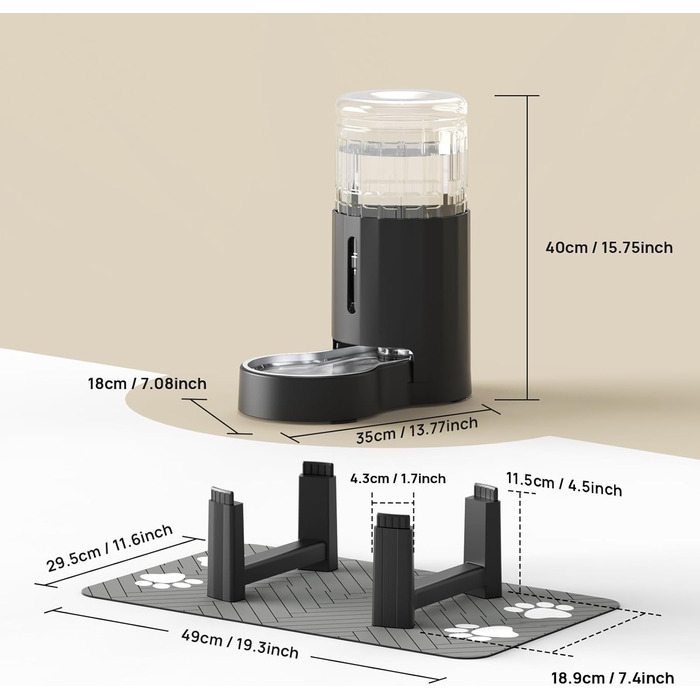 Автоматичний поїльник для собак та котів CZPET з нержавіючою чашею, гравітаційна подача води, 100% BPA-free, велика ємність, тихий, чорний, 7 л + підставка + килимок